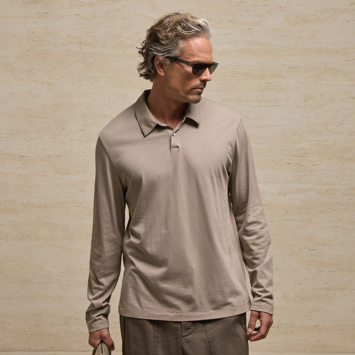 Brushed Lotus Long Sleeve Polo in Coyote | James Perse Los Angeles