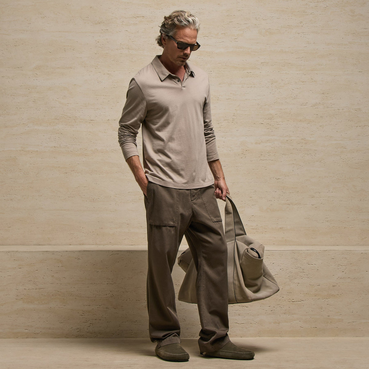 Brushed Lotus Long Sleeve Polo in Coyote | James Perse Los Angeles