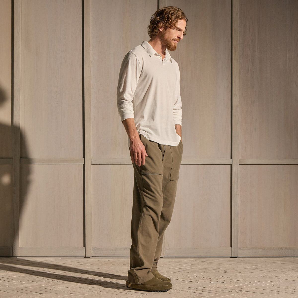 Brushed Lotus Long Sleeve Polo in White | James Perse Los Angeles