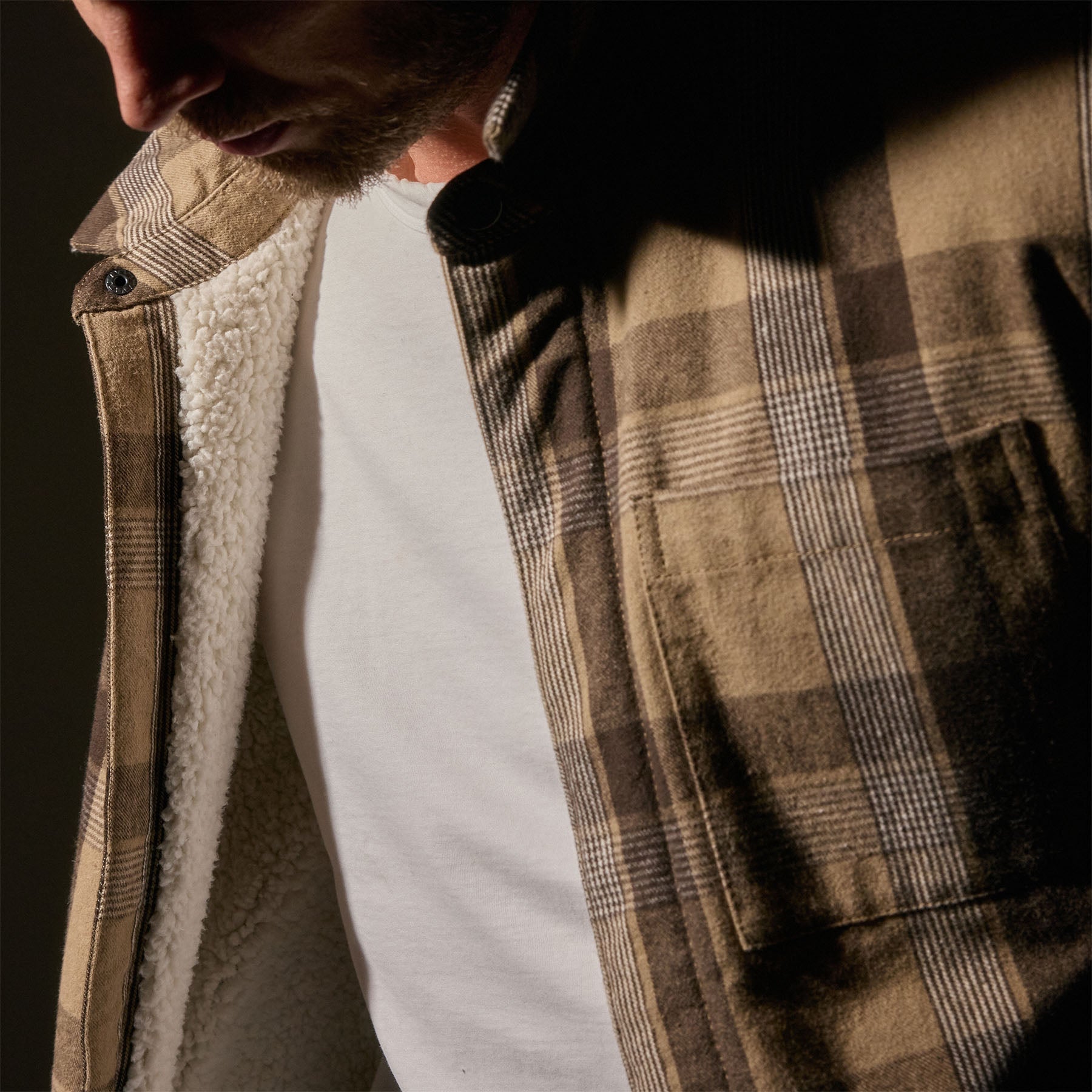 Zip Front Sherpa Lined Plaid Jacket - Tan/Brown | James Perse Los