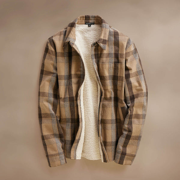 Zip Front Sherpa Lined Plaid Jacket  in Tan/Brown | James Perse Los Angeles