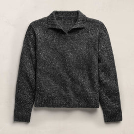 Marled Cashmere Linen Long Sleeve Open Polo in Charcoal | James Perse Los Angeles
