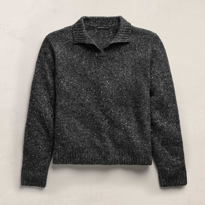 Marled Cashmere Linen Long Sleeve Open Polo in Charcoal | James Perse Los Angeles
