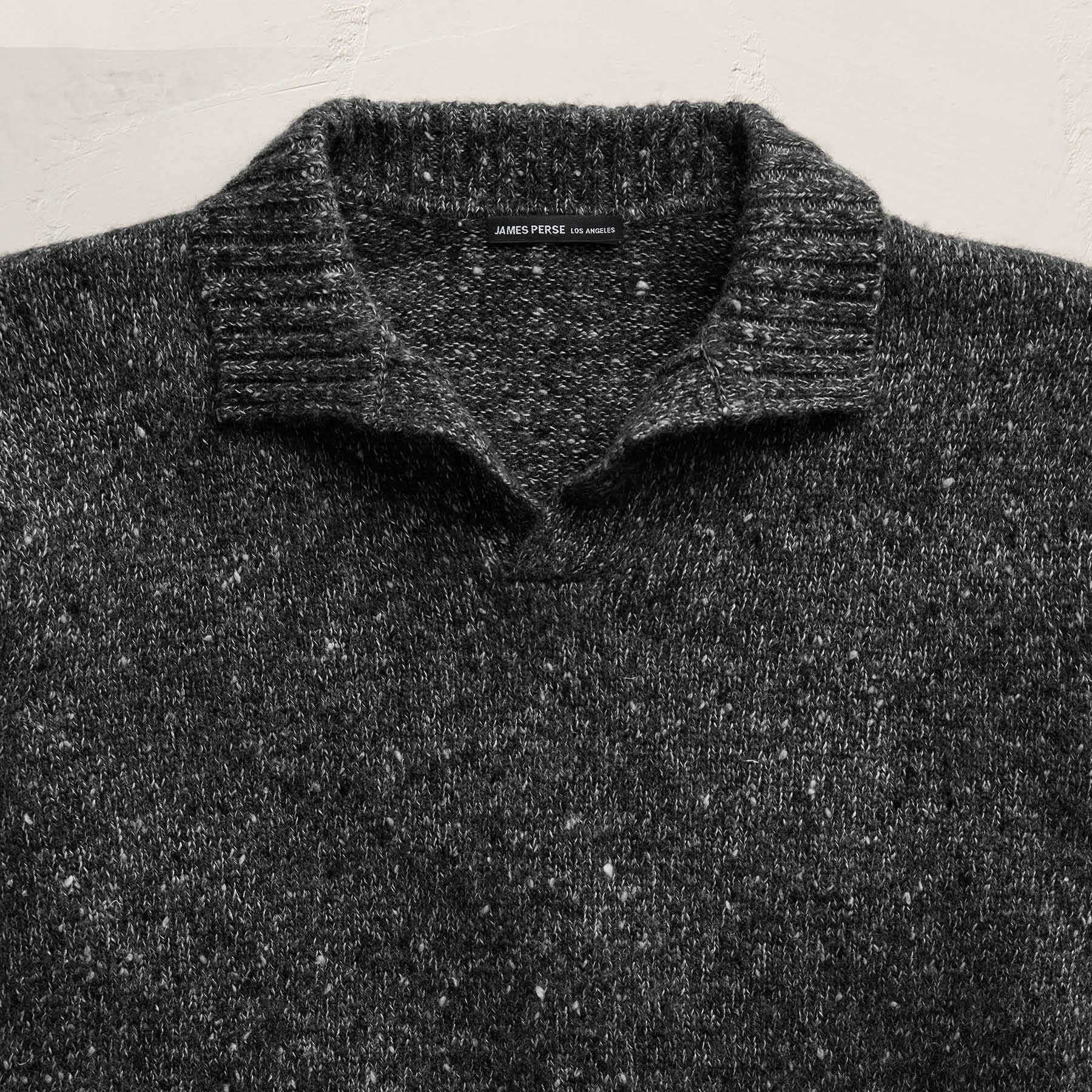 Marled Cashmere Linen Long Sleeve Open Polo in Charcoal | James Perse Los Angeles
