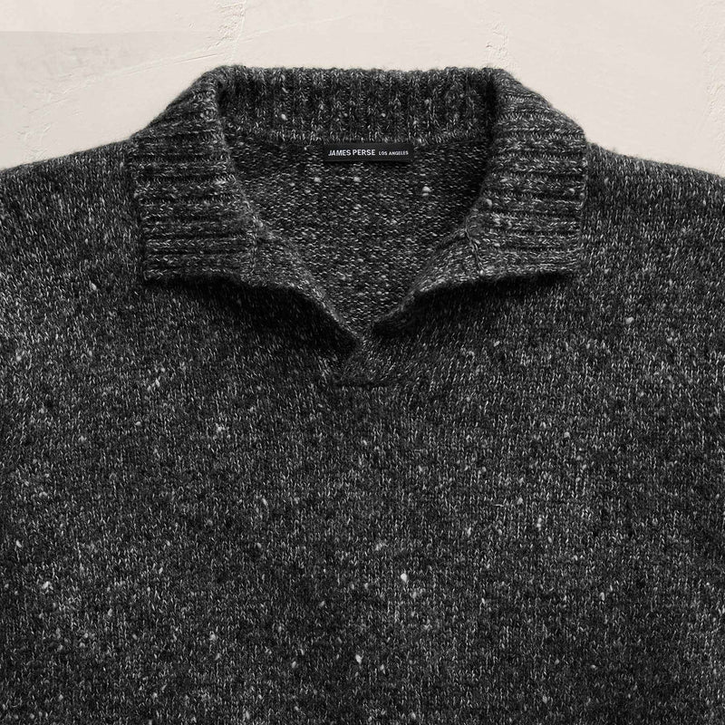 Marled Cashmere Linen Long Sleeve Open Polo in Charcoal | James Perse Los Angeles