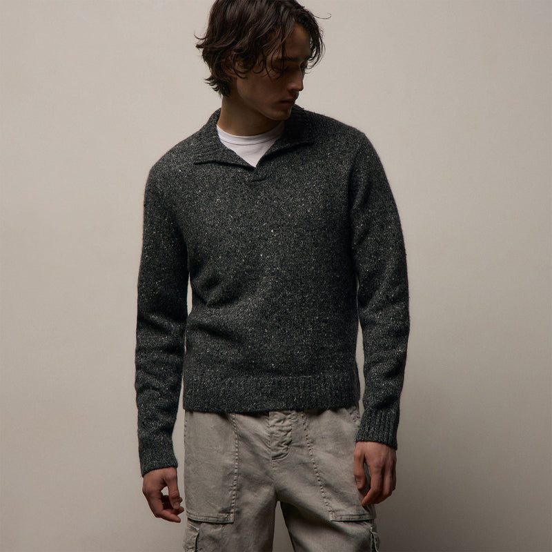 Marled Cashmere Linen Long Sleeve Open Polo in Charcoal | James Perse Los Angeles
