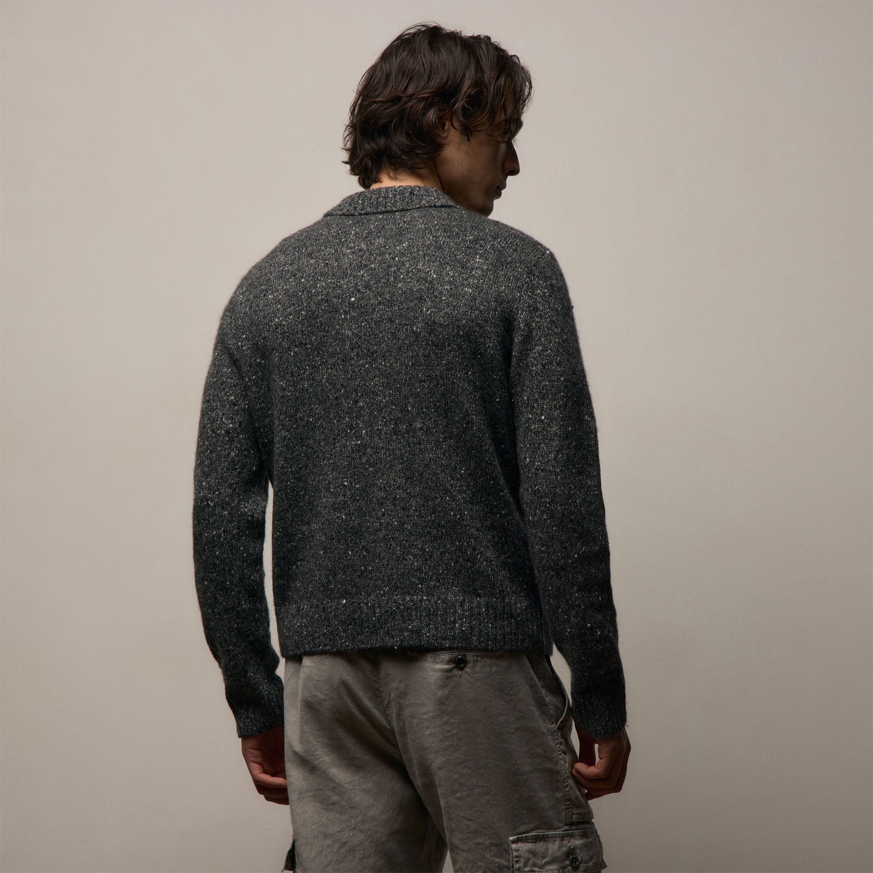 Marled Cashmere Linen Long Sleeve Open Polo in Charcoal | James Perse Los Angeles