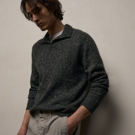 Marled Cashmere Linen Long Sleeve Open Polo in Charcoal | James Perse Los Angeles