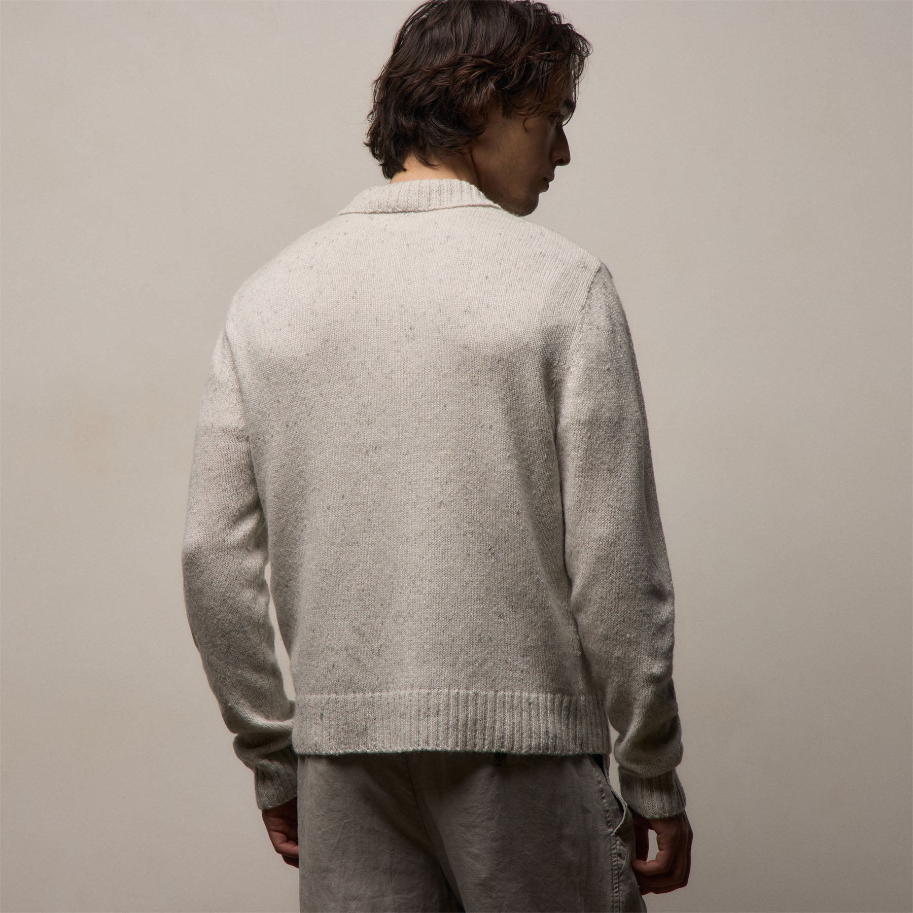 Marled Cashmere Linen Long Sleeve Open Polo in Pearl | James Perse Los Angeles