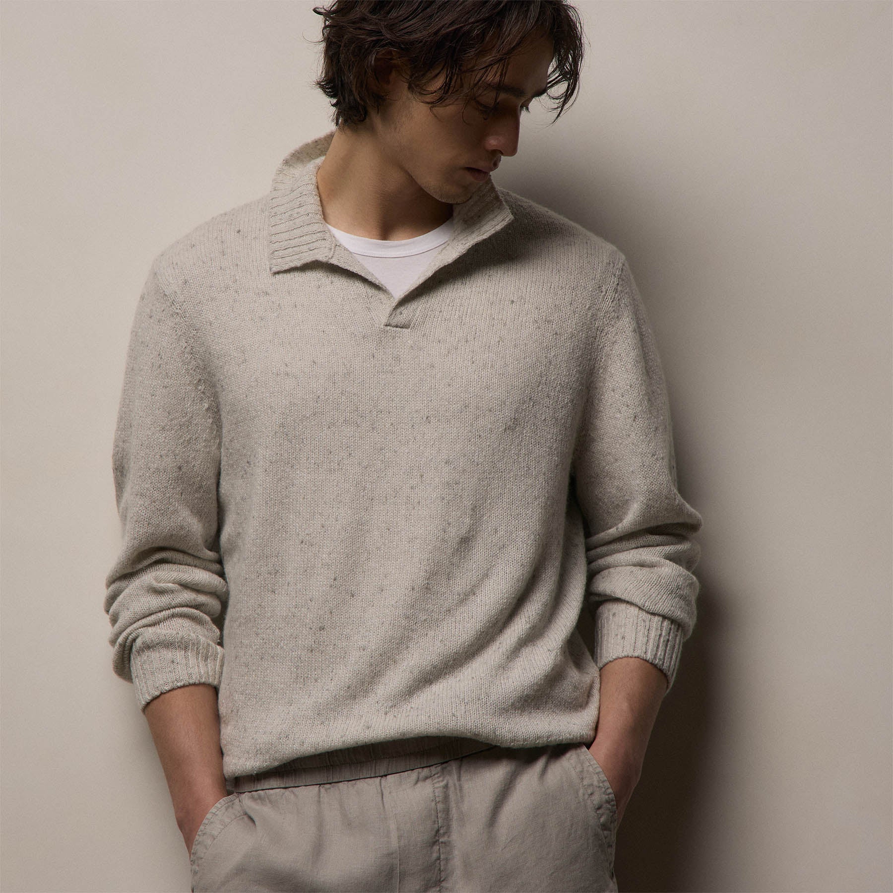 Marled Cashmere Linen Long Sleeve Open Polo in Pearl | James Perse Los Angeles