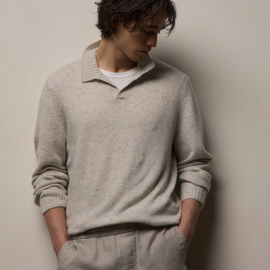 Marled Cashmere Linen Long Sleeve Open Polo in Pearl | James Perse Los Angeles