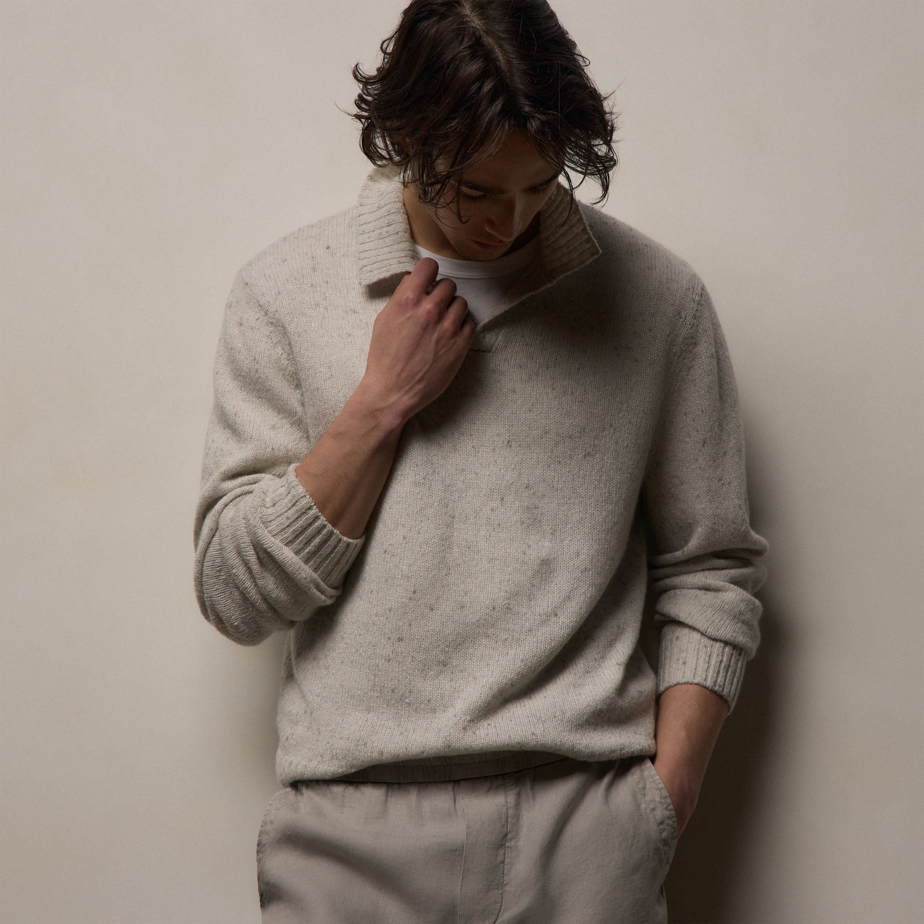 Marled Cashmere Linen Long Sleeve Open Polo in Pearl | James Perse Los Angeles