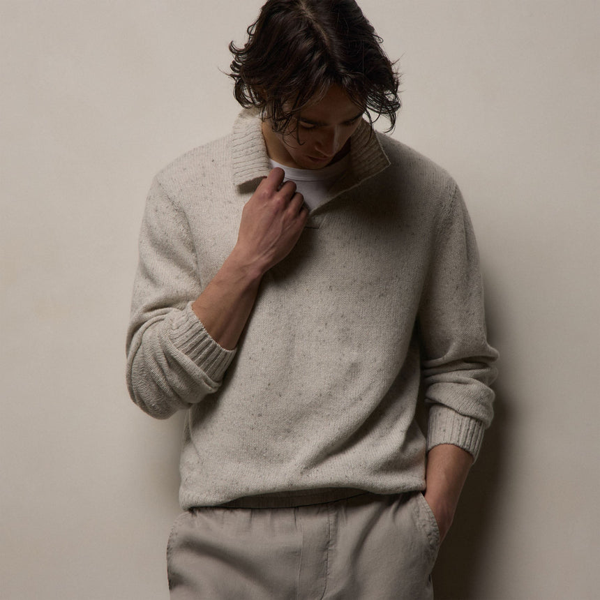 Marled Cashmere Linen Long Sleeve Open Polo in Pearl | James Perse Los Angeles