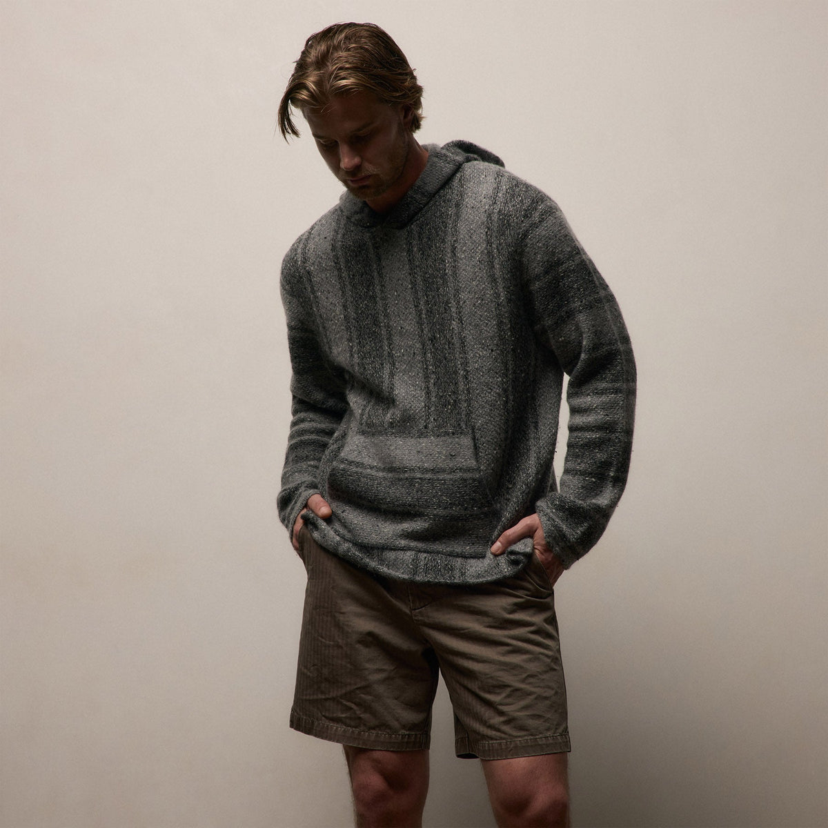 Baja Stripe Cashmere Hoodie in Charcoal/Heather Grey | James Perse Los Angeles