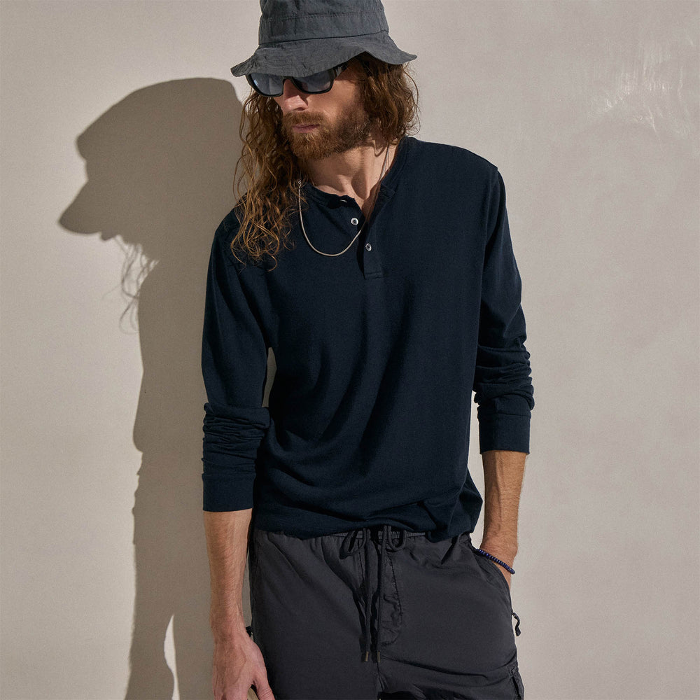 Cotton Cashmere Long Sleeve Henley - Blue Noir