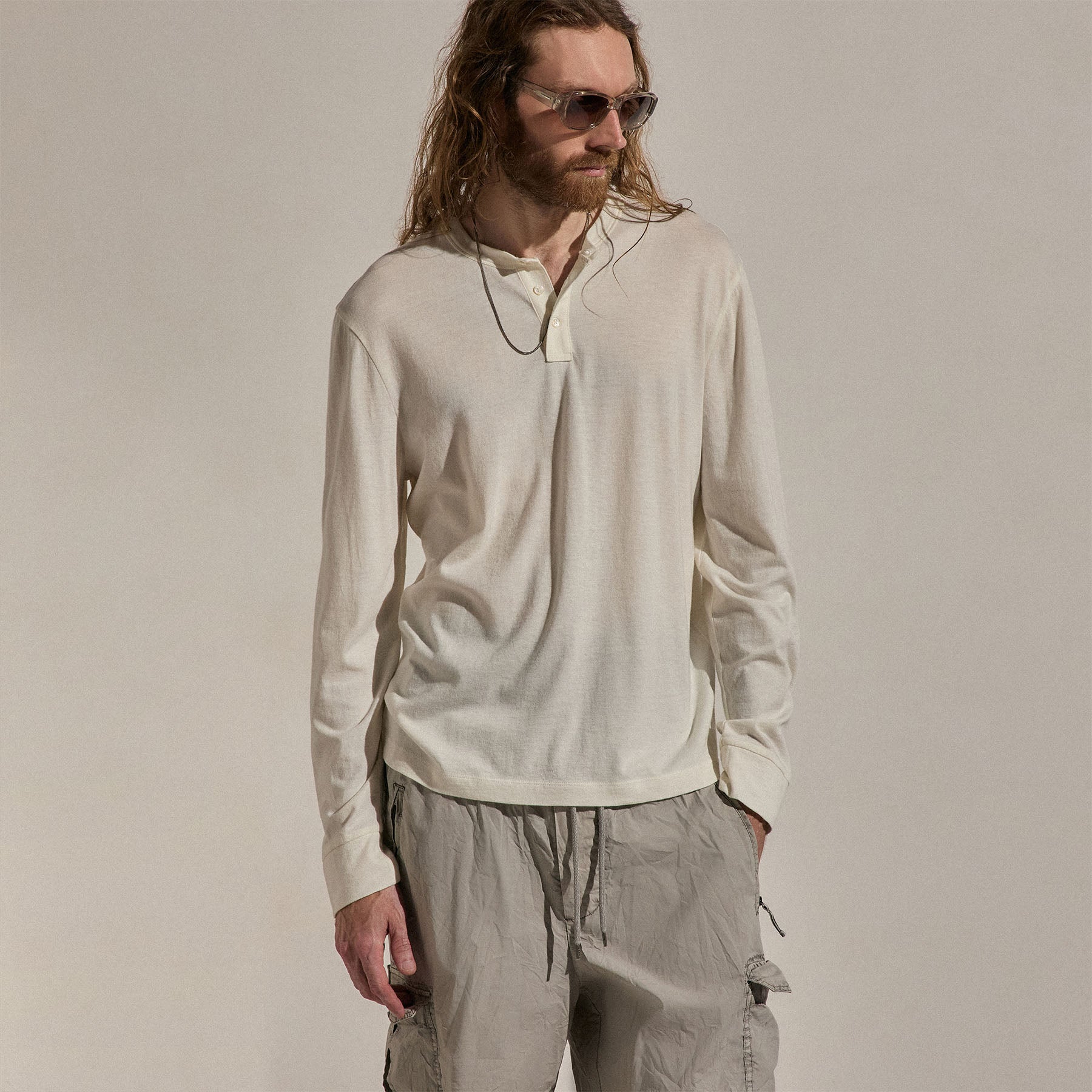 Cotton Cashmere Long Sleeve Henley in White | James Perse Los Angeles