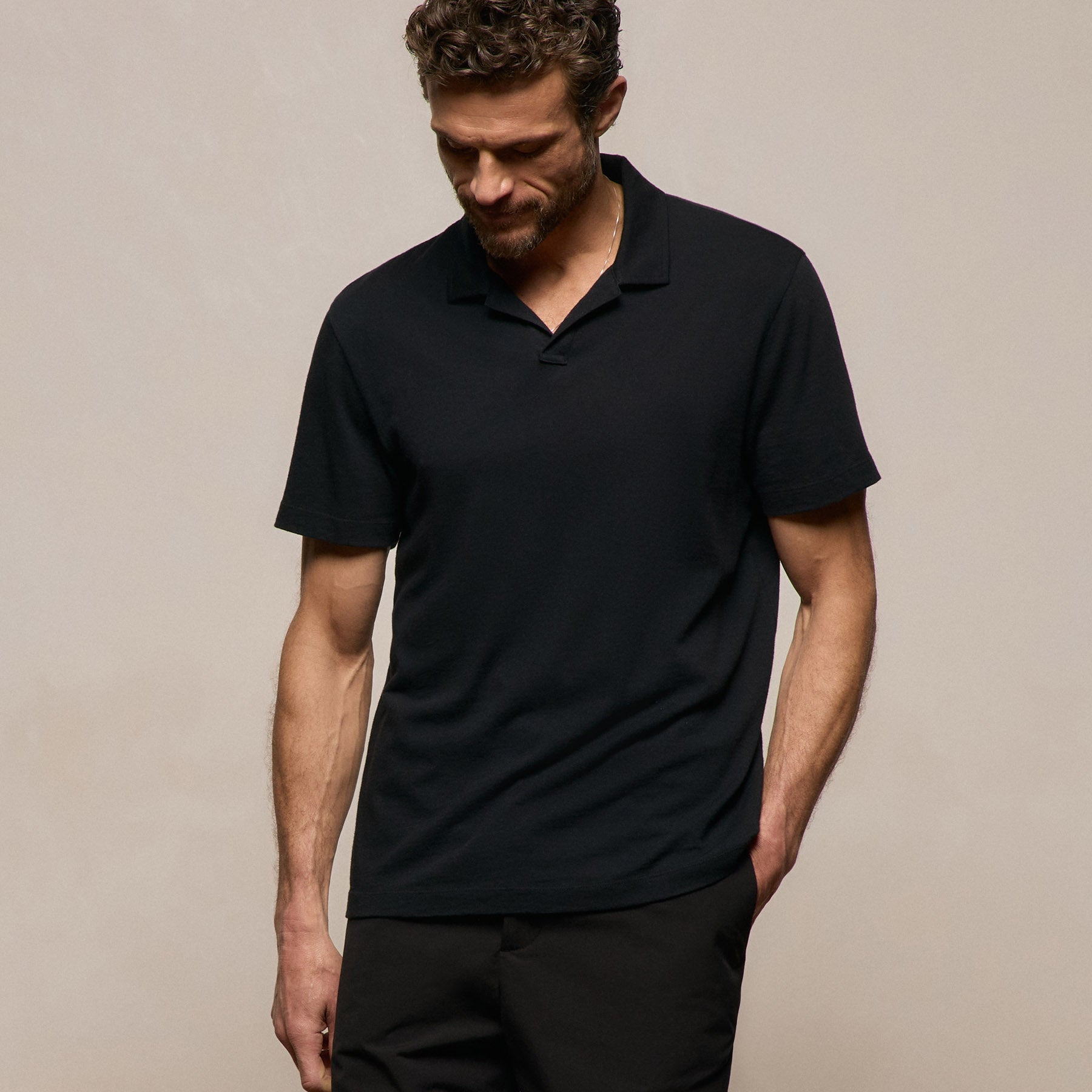 Cotton Cashmere Open Polo in Black | James Perse Los Angeles