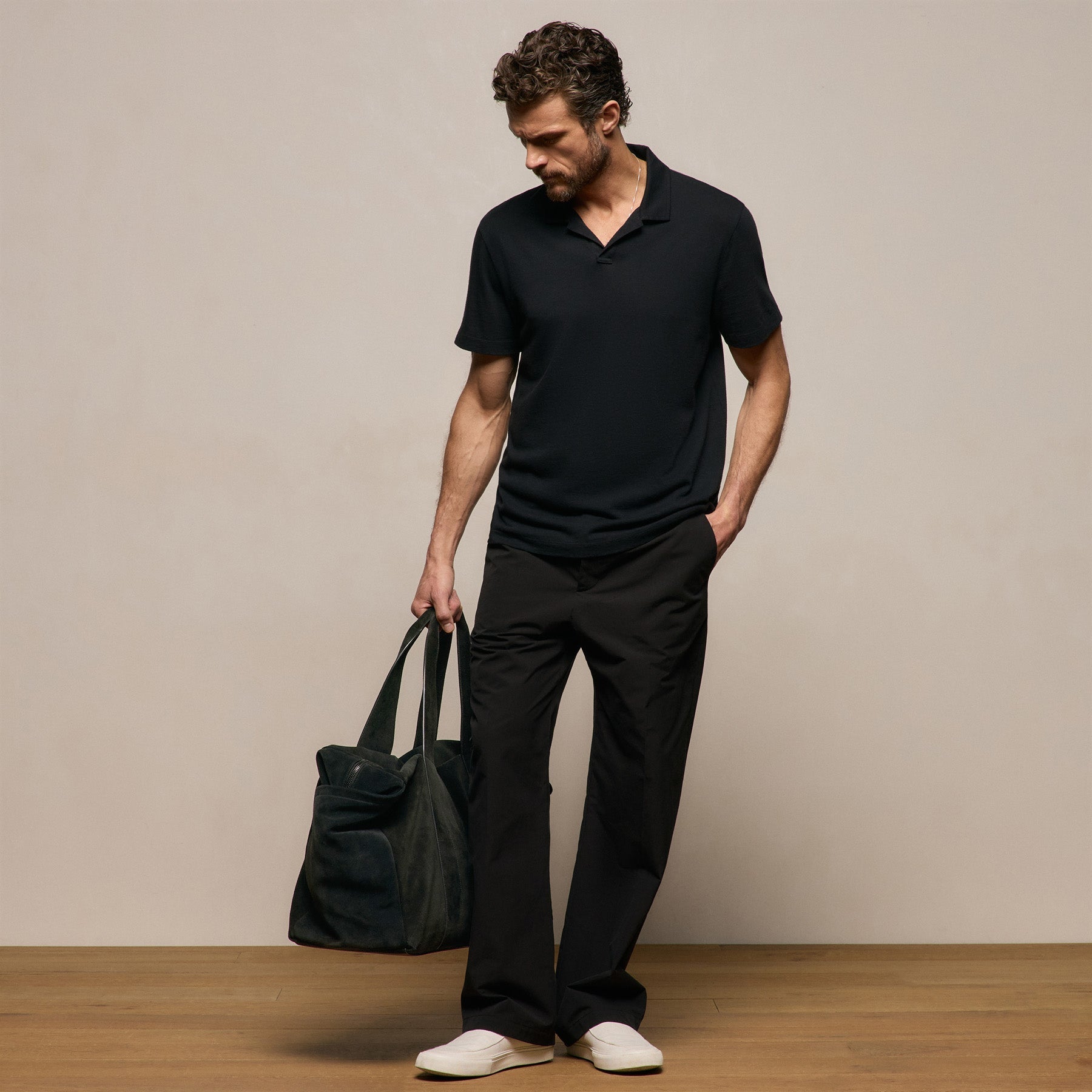 Cotton Cashmere Open Polo in Black | James Perse Los Angeles