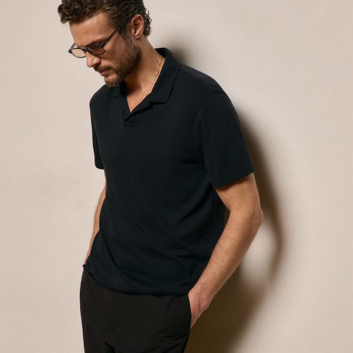 Cotton Cashmere Open Polo in Black | James Perse Los Angeles