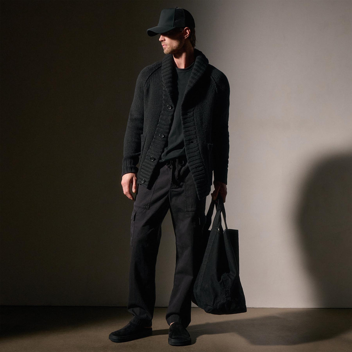 Cotton Shawl Collar Cardigan in Black | James Perse Los Angeles