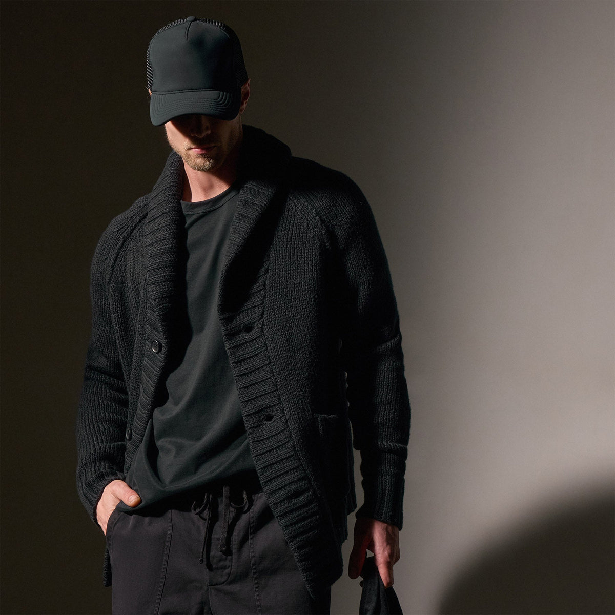 Cotton Shawl Collar Cardigan in Black | James Perse Los Angeles