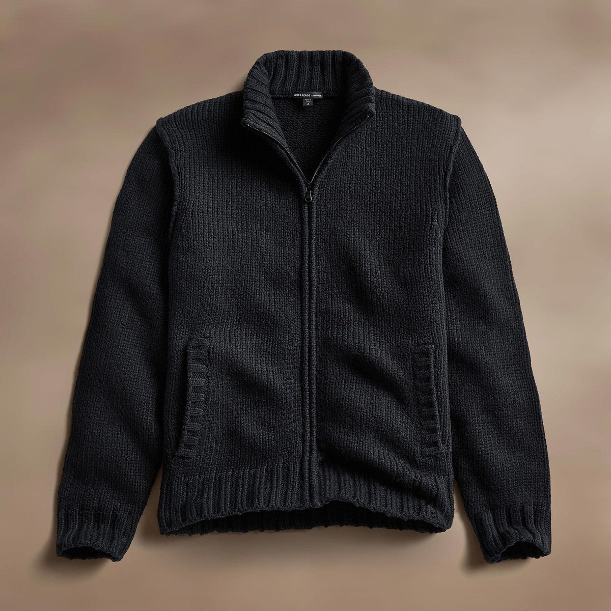 Cotton Knit Zip Up Sweater in Black | James Perse Los Angeles
