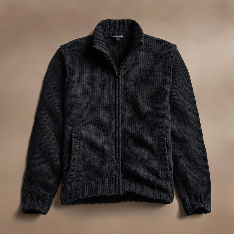 Cotton Knit Zip Up Sweater in Black | James Perse Los Angeles