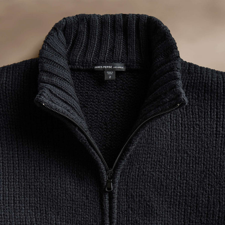 Cotton Knit Zip Up Sweater in Black | James Perse Los Angeles