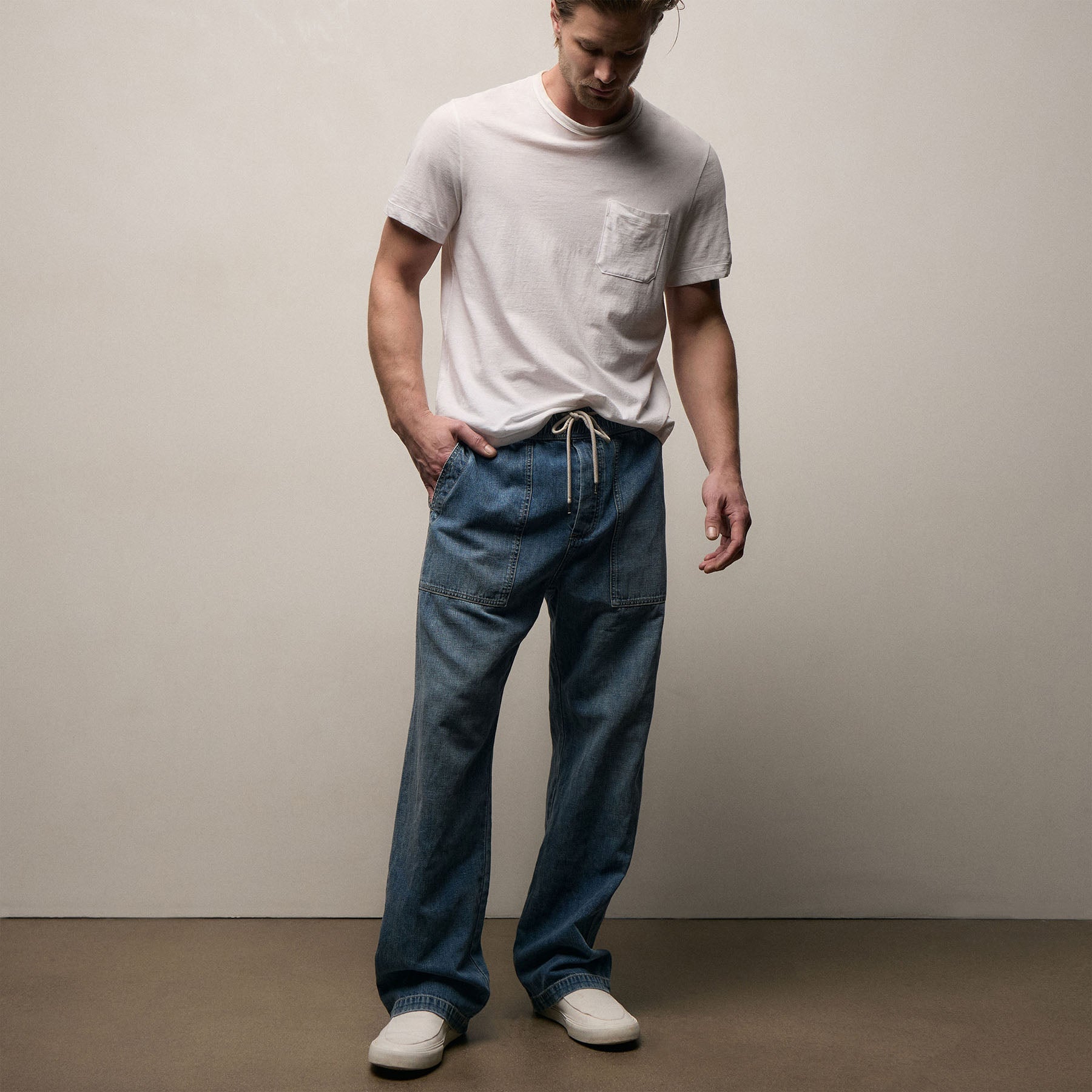 Linen Denim Drawstring Pant in Blue Wash | James Perse Los Angeles
