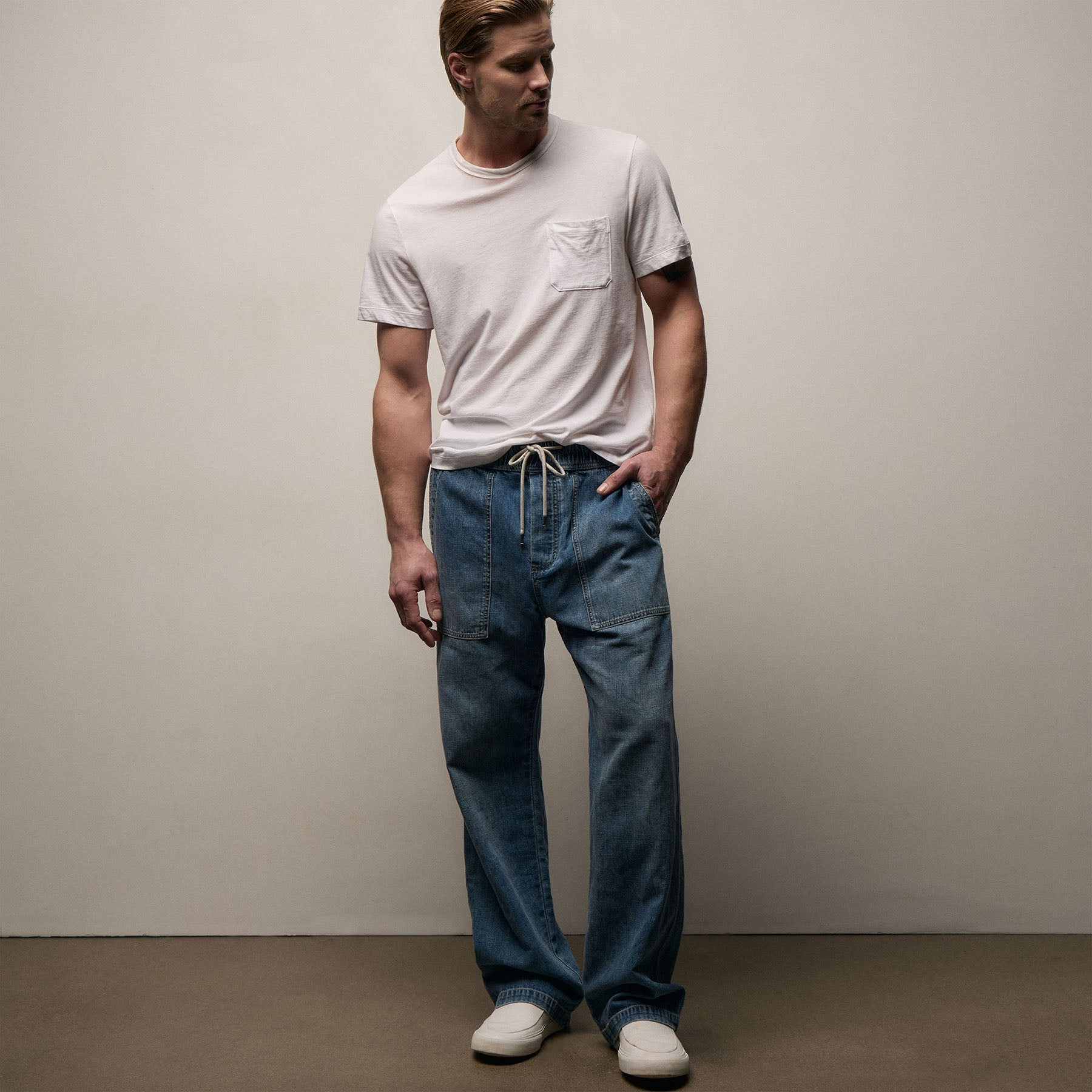 Linen Denim Drawstring Pant in Blue Wash | James Perse Los Angeles