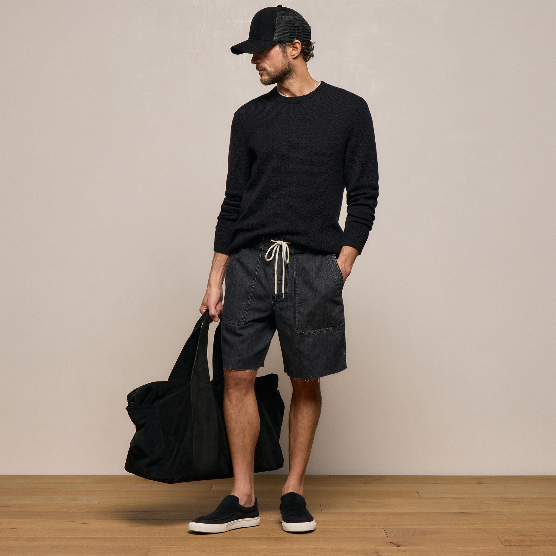 Linen Denim Drawstring Short in Black Wash | James Perse Los Angeles