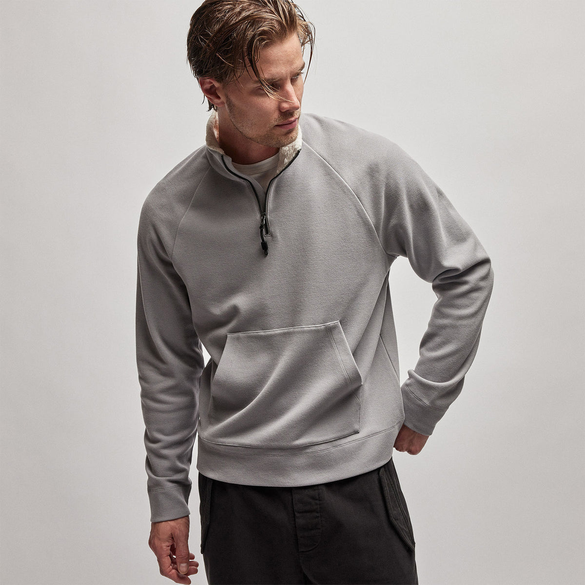 Sherpa Lined Scuba Half Zip in Silver Grey | James Perse Los Angeles