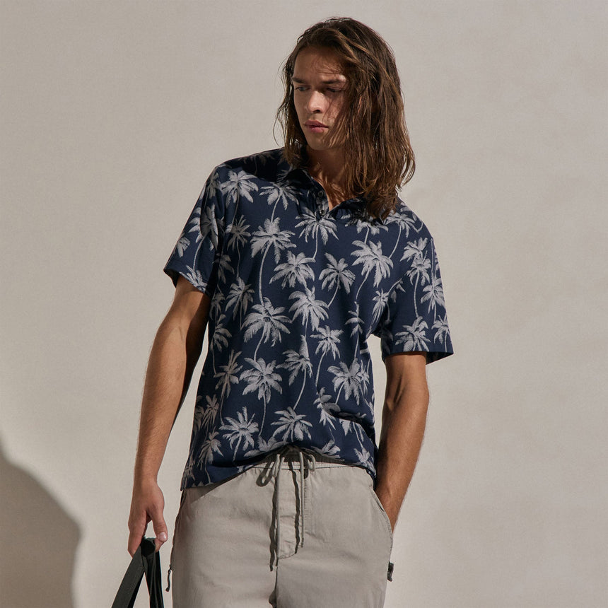 Palm Print Performance Pique Polo in Navy Print | James Perse Los Angeles