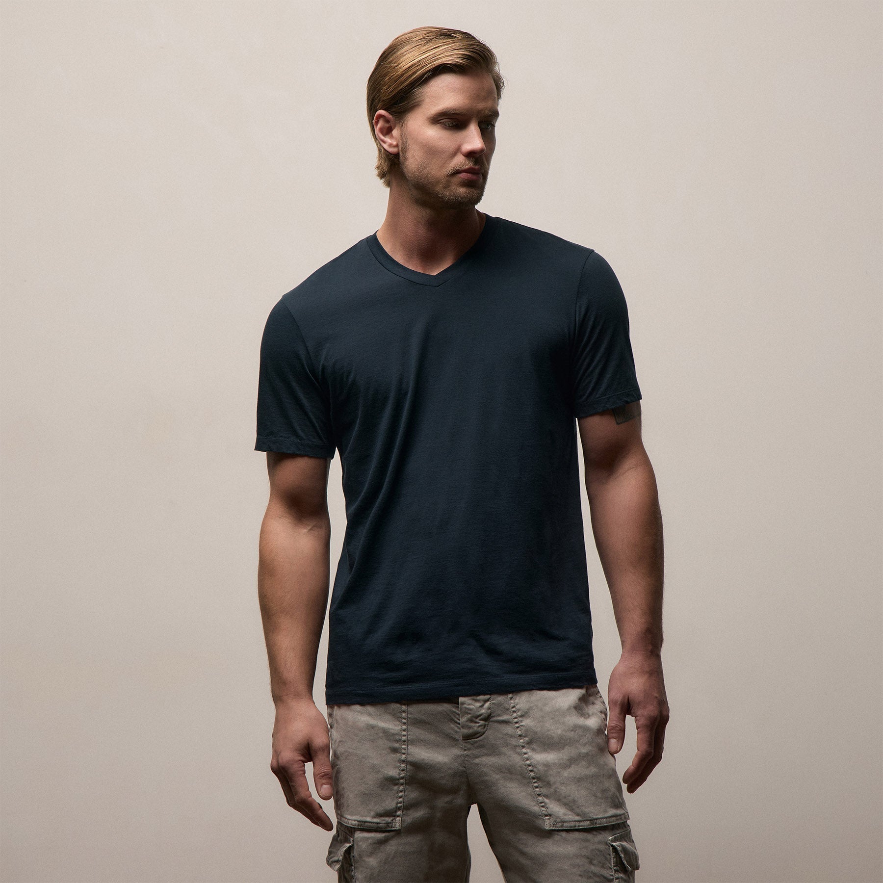 Luxe Lotus Jersey V Neck in French Navy | James Perse Los Angeles