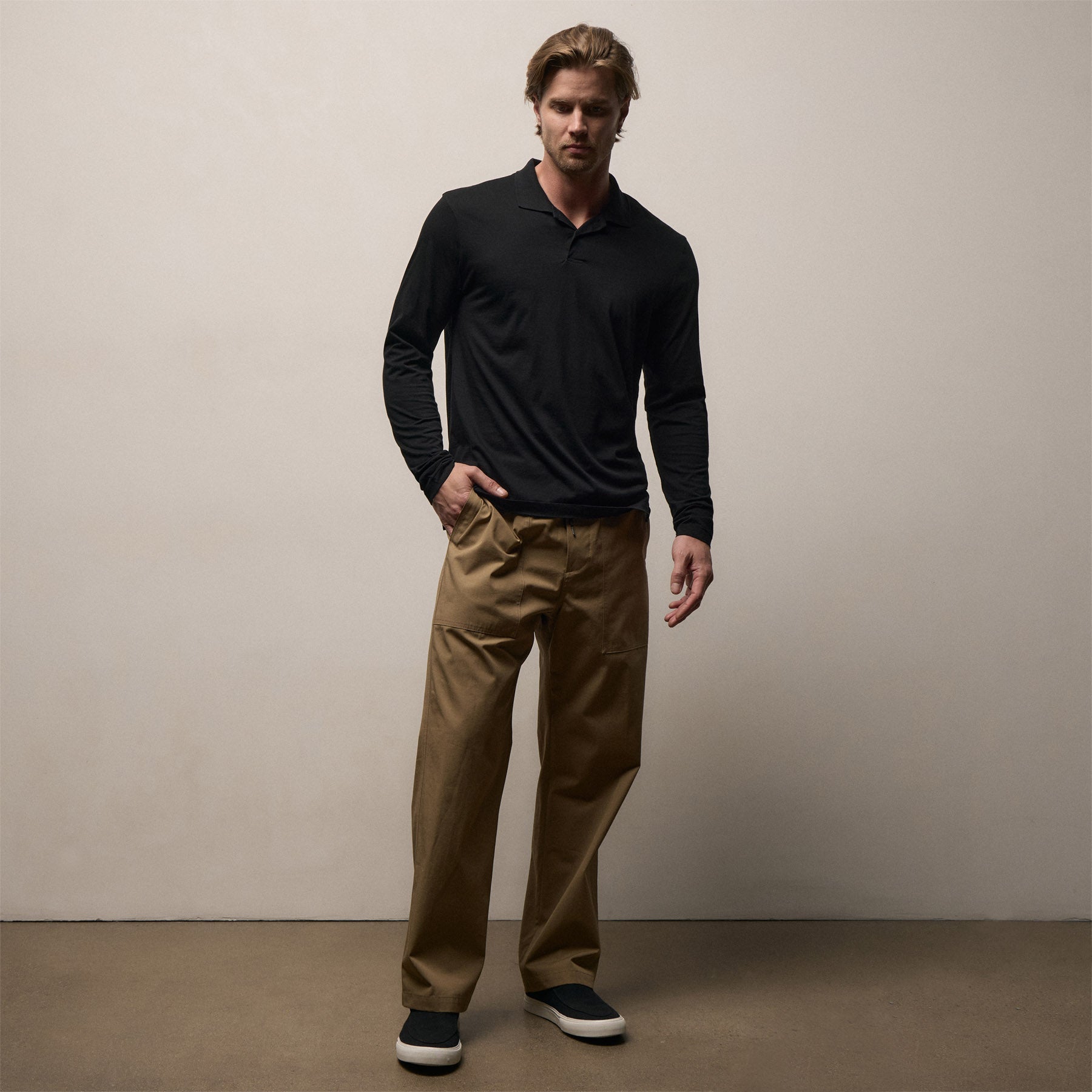 Luxe Lotus Jersey Long Sleeve Polo - Black | James Perse Los Angeles