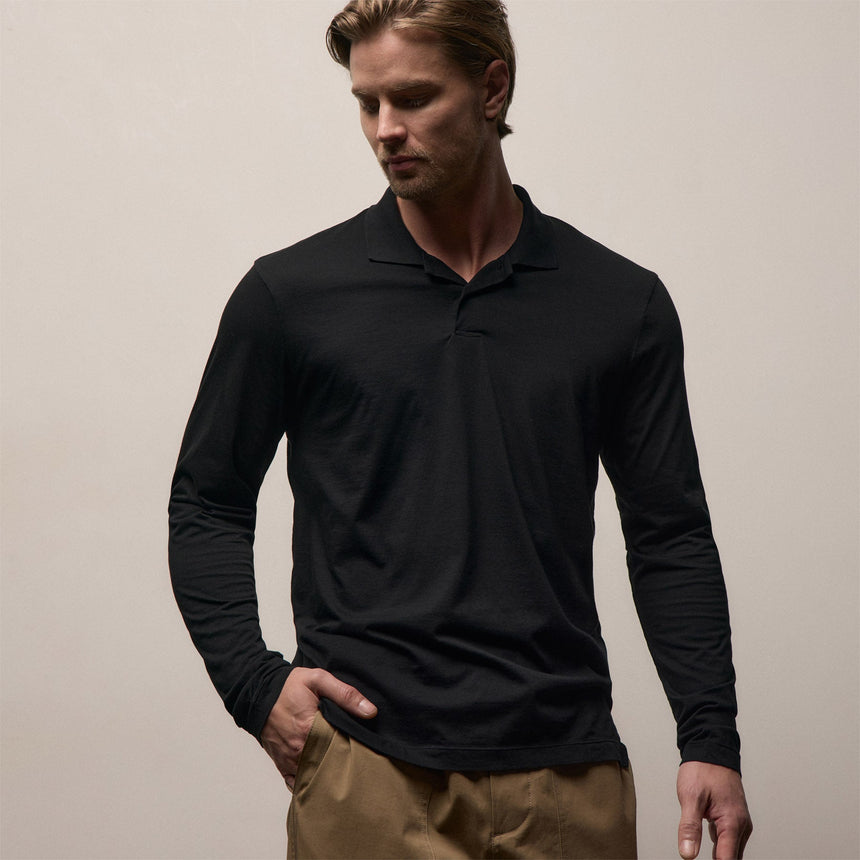 Luxe Lotus Jersey Long Sleeve Polo in Black | James Perse Los Angeles