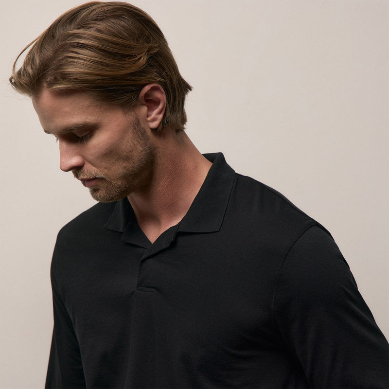 Luxe Lotus Jersey Long Sleeve Polo in Black | James Perse Los Angeles