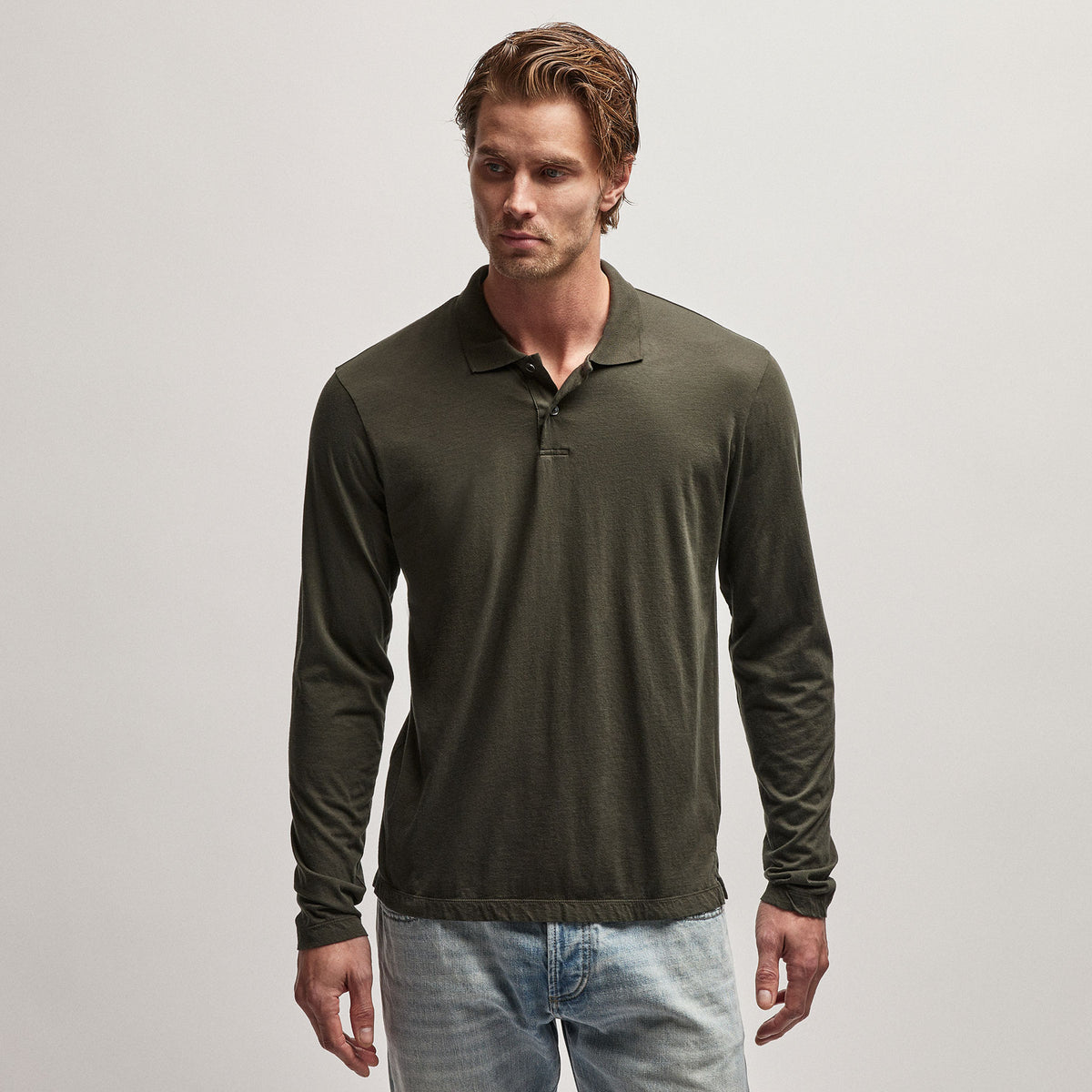 Luxe Lotus Jersey Long Sleeve Polo in Dark Olive | James Perse Los Angeles