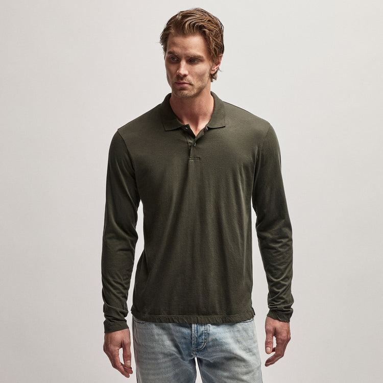 Luxe Lotus Jersey Long Sleeve Polo in Dark Olive | James Perse Los Angeles