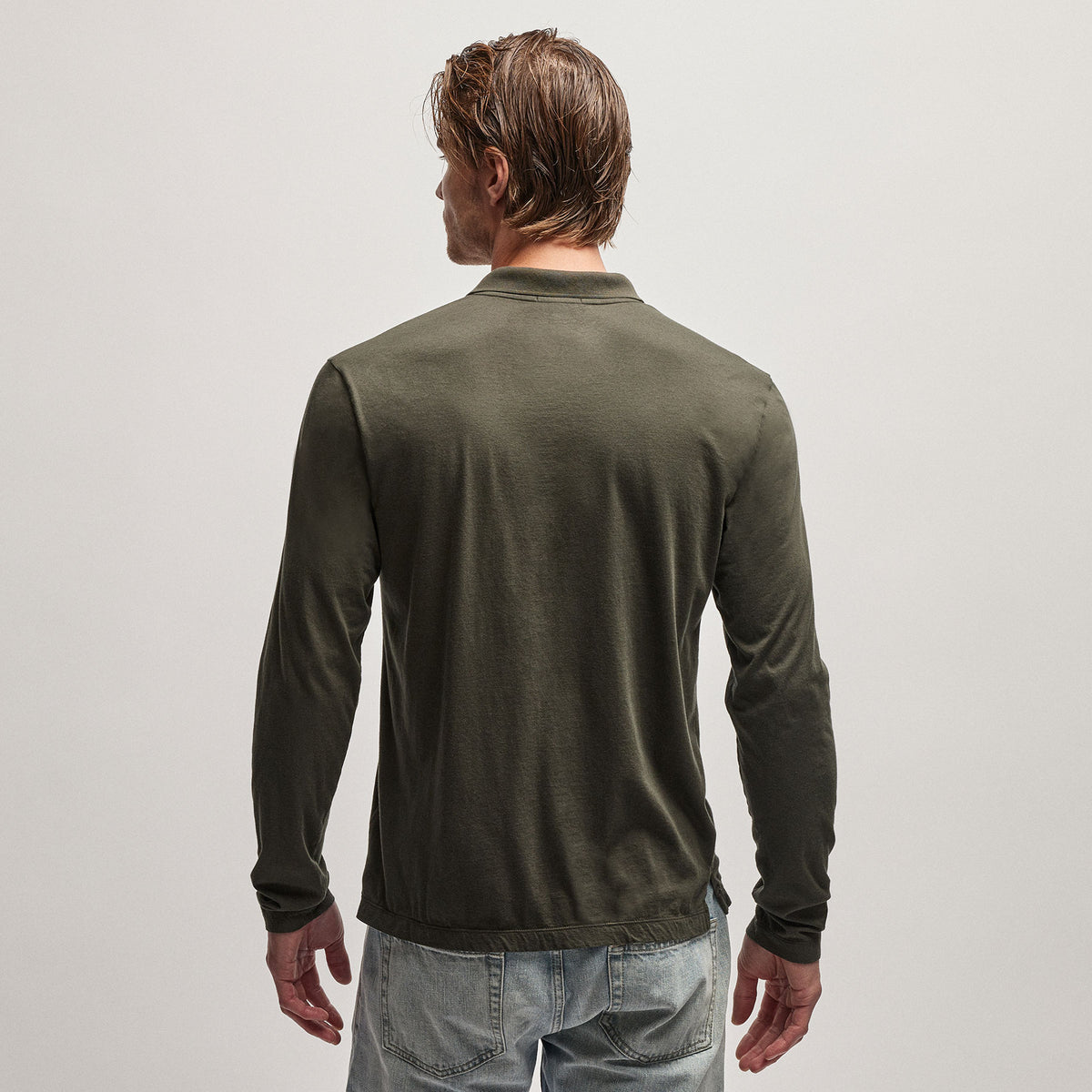 Luxe Lotus Jersey Long Sleeve Polo in Dark Olive | James Perse Los Angeles
