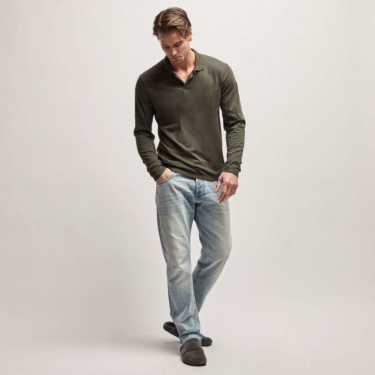 Luxe Lotus Jersey Long Sleeve Polo in Dark Olive | James Perse Los Angeles