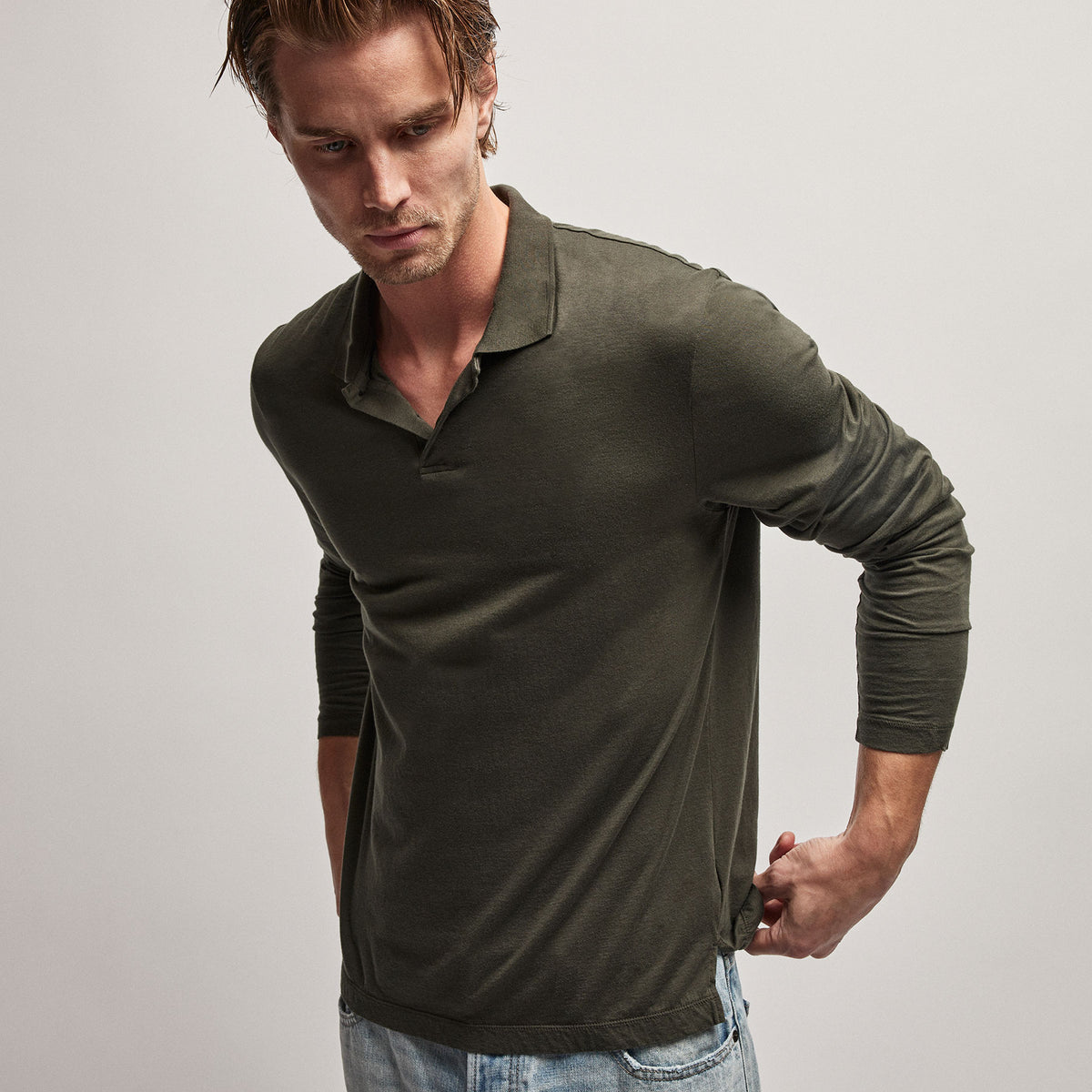 Luxe Lotus Jersey Long Sleeve Polo in Dark Olive | James Perse Los Angeles