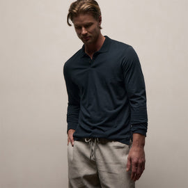 Luxe Lotus Jersey Long Sleeve Polo in French Navy | James Perse Los Angeles