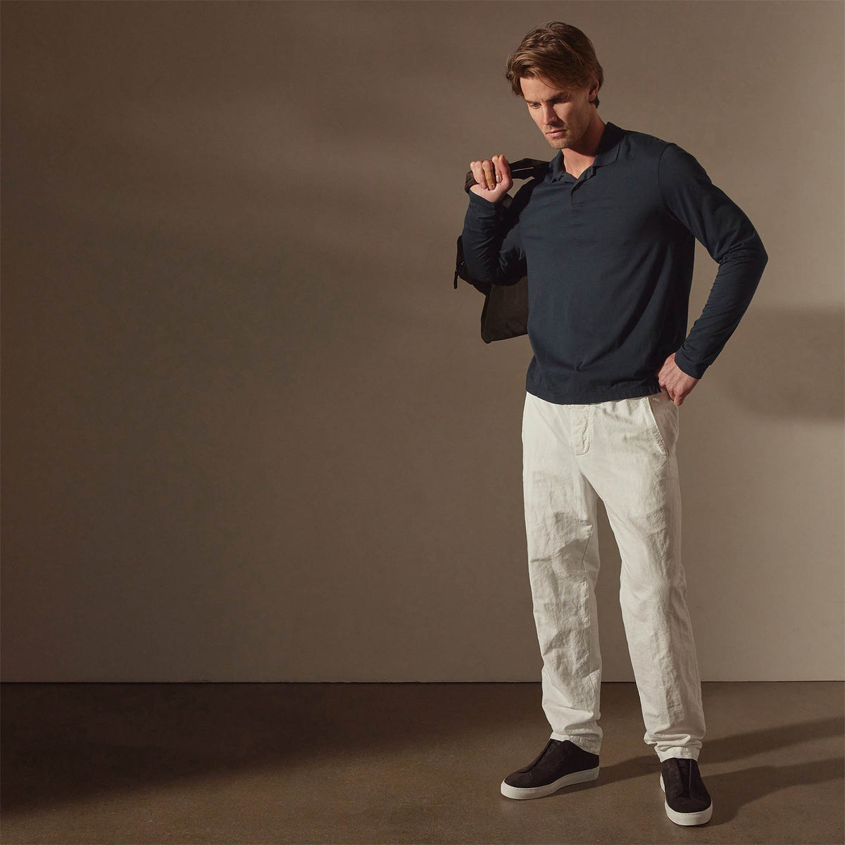 Luxe Lotus Jersey Long Sleeve Polo in French Navy | James Perese Los Angeles