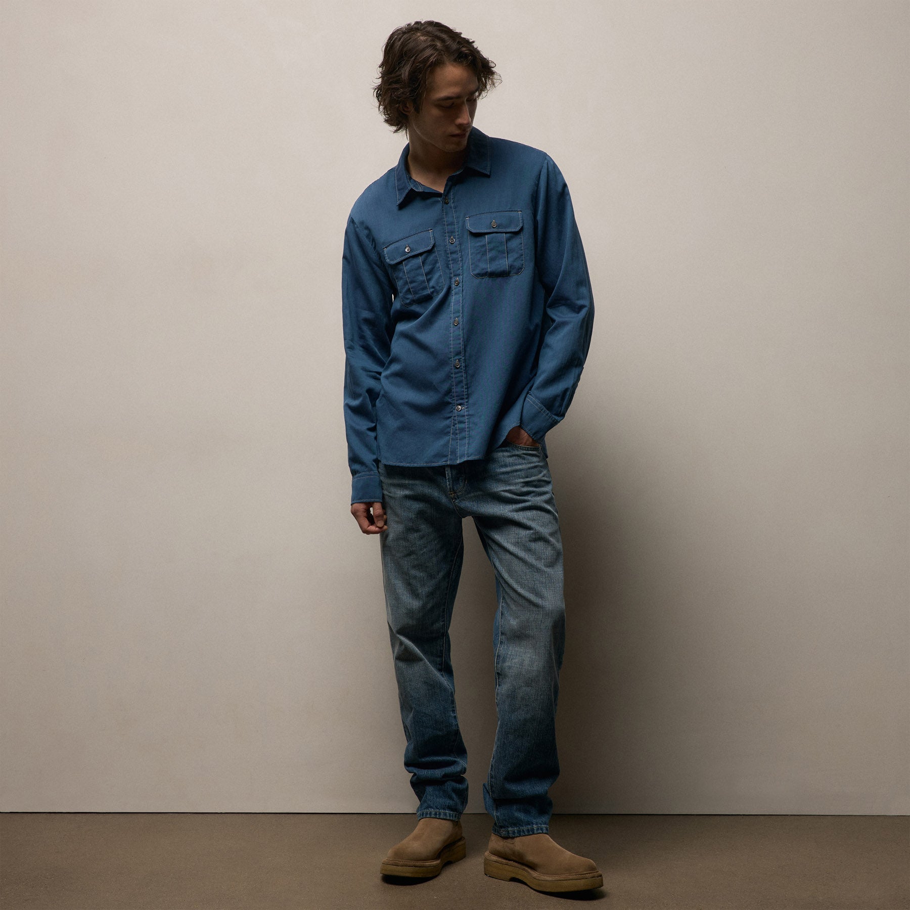 Featherweight Denim Utility Shirt in Medium Wash | James Perse Los Angeles