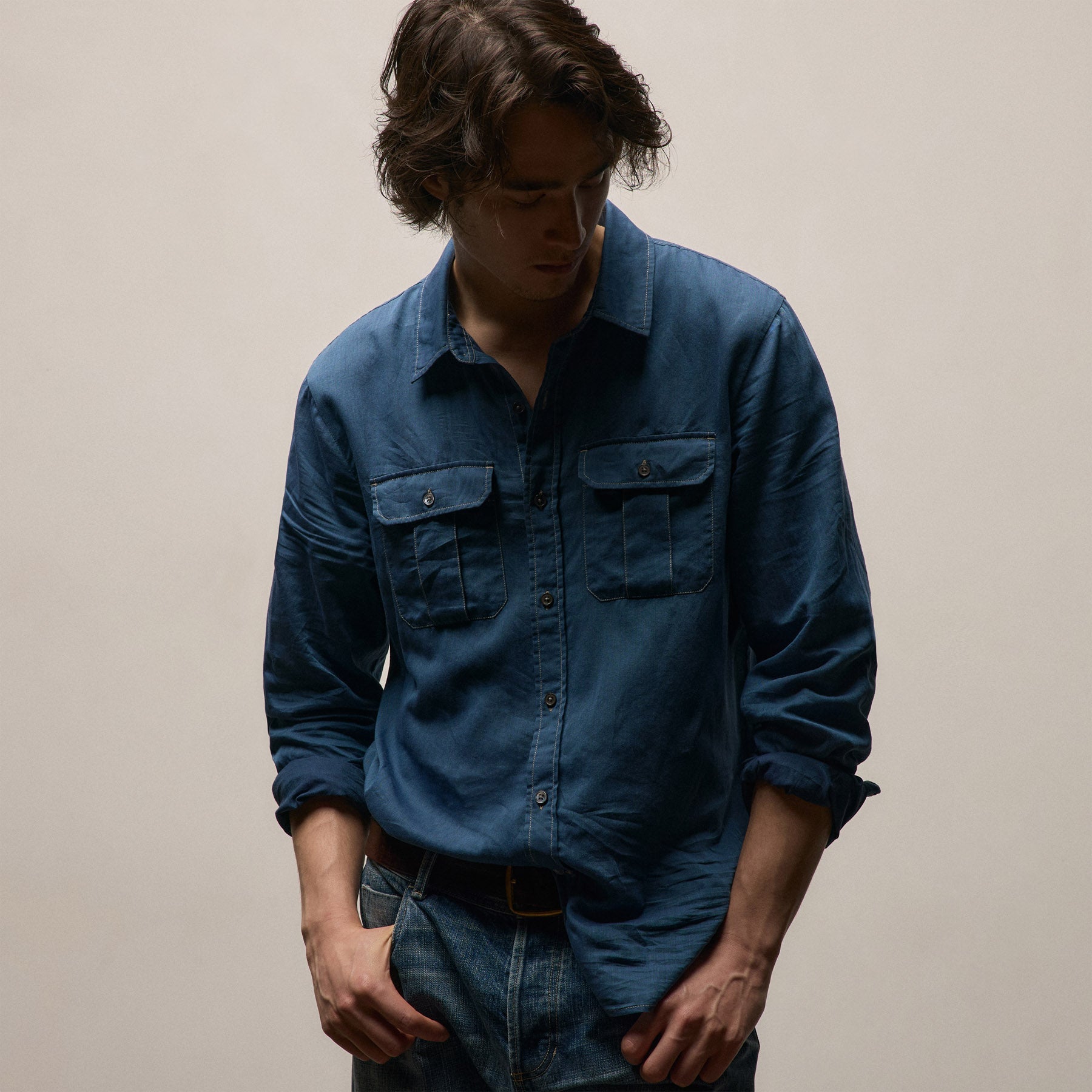 Featherweight Denim Utility Shirt in Medium Wash | James Perse Los Angeles