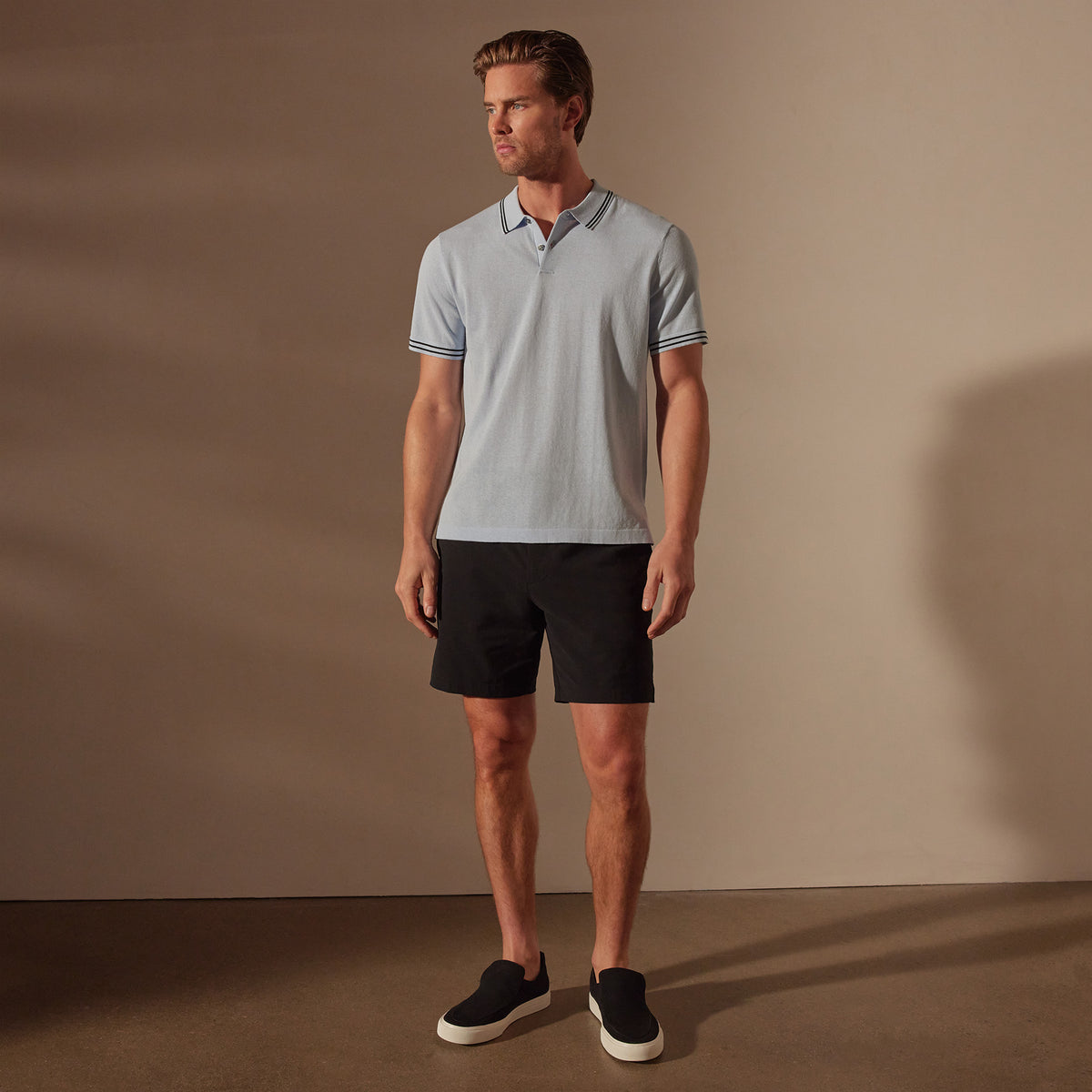 Double Retro Stripped Polo in Bleached Blue/Black | James Perse Los Angeles