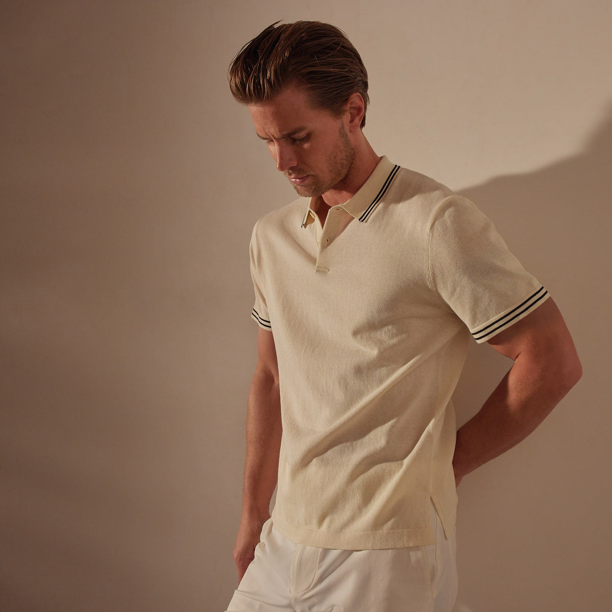 Double Retro Stripped Polo in Ivory/Black | James Perse Los Angeles