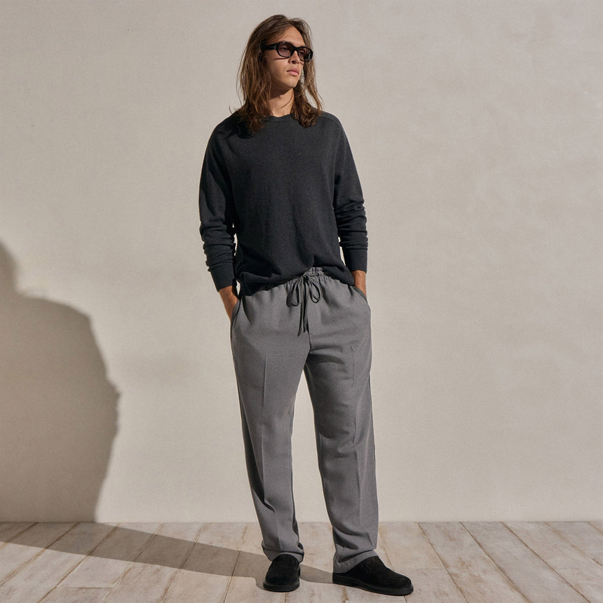 Suede Trim Wool Drawstring Trouser - Heather Grey