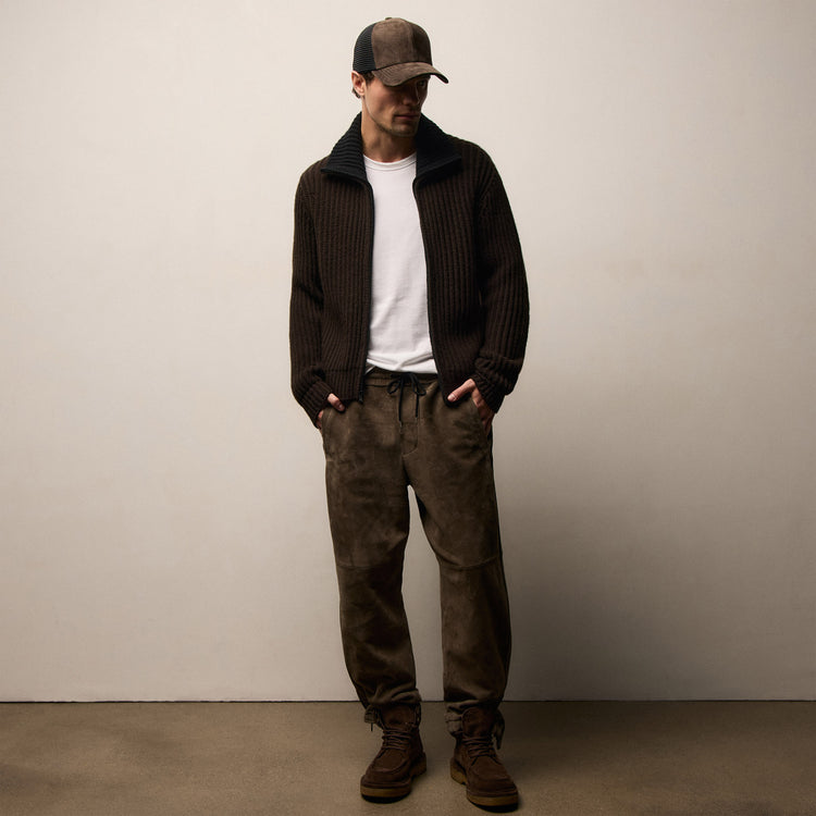 Heavy Rib Cashmere Zip Front Sweater - Kona/Black